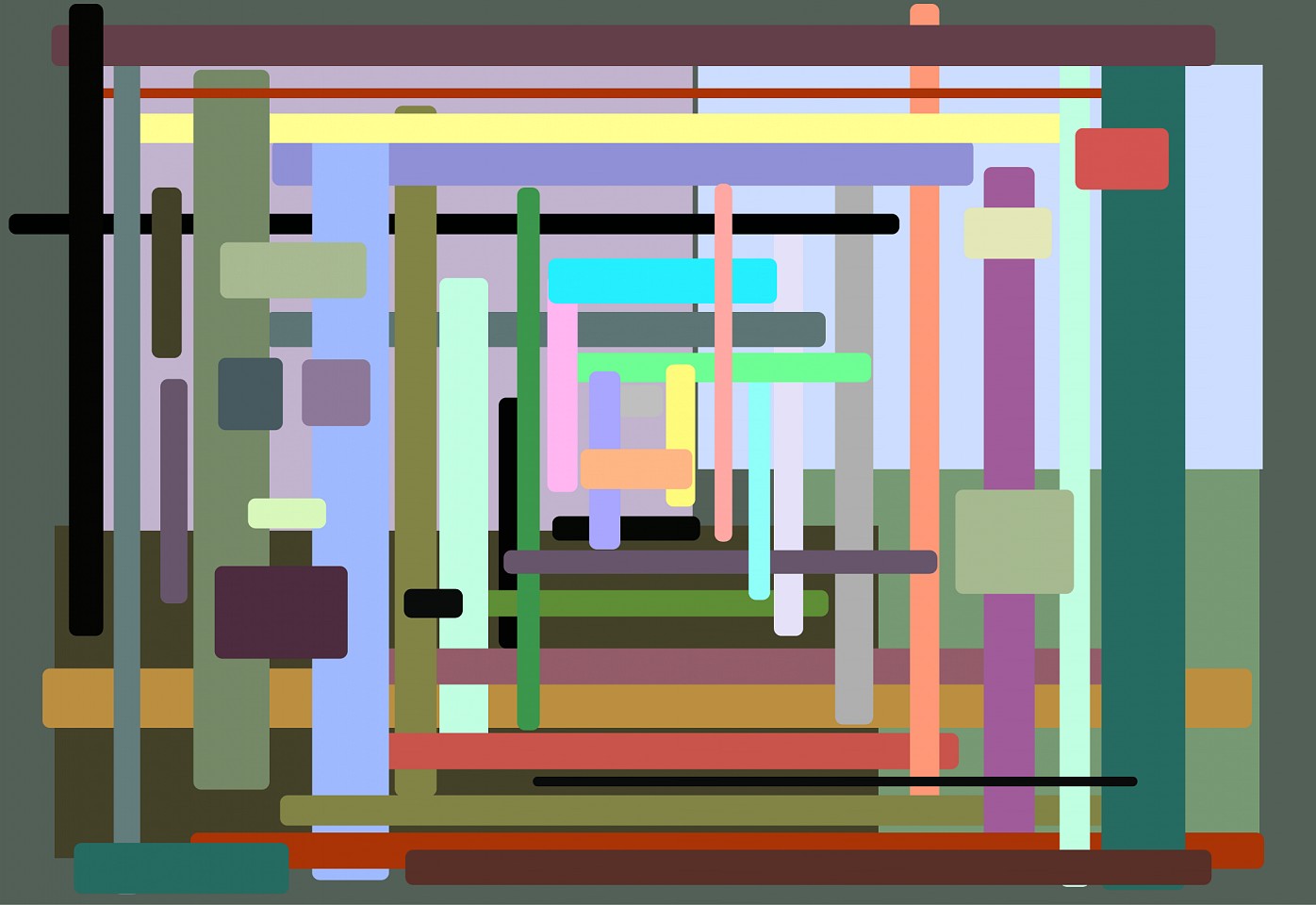 Dane Albert, Color Bars #3, 2023
Enamel on aluminum (Concept) © Dane Albert, 48 x 72 in. (121.9 x 182.9 cm)
Series of colored lines and shapes in multiple configurations
DA.2023.bars-003