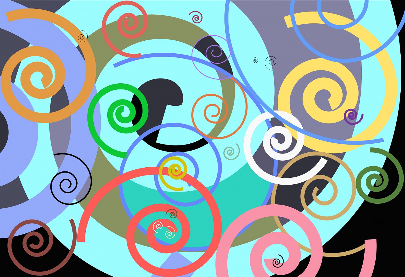 Dane Albert, Spirals #1, 2023
Enamel on aluminum (Concept) © Dane Albert, 48 x 72 in. (121.9 x 182.9 cm)
Series of colored lines and shapes in multiple configurations
DA.2023.spirals-001