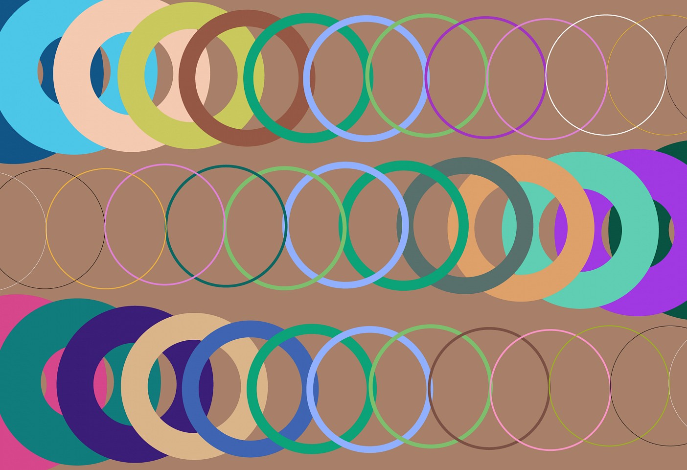 Dane Albert, Circles #56, 2024
Enamel on aluminum (Concept) © Dane Albert, 48 x 72 in. (121.9 x 182.9 cm)
Series of colored lines and shapes in multiple configurations
DA.2024-056